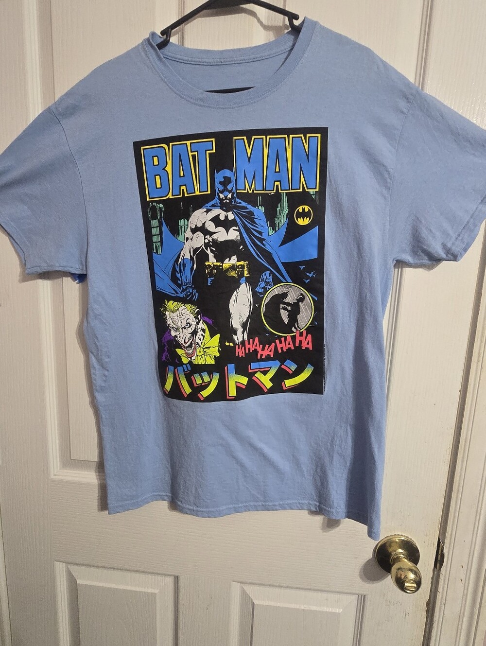 DC Comics Batman Joker Graphic T Shirt Medium Blue Japanese Katakana Manga Tee